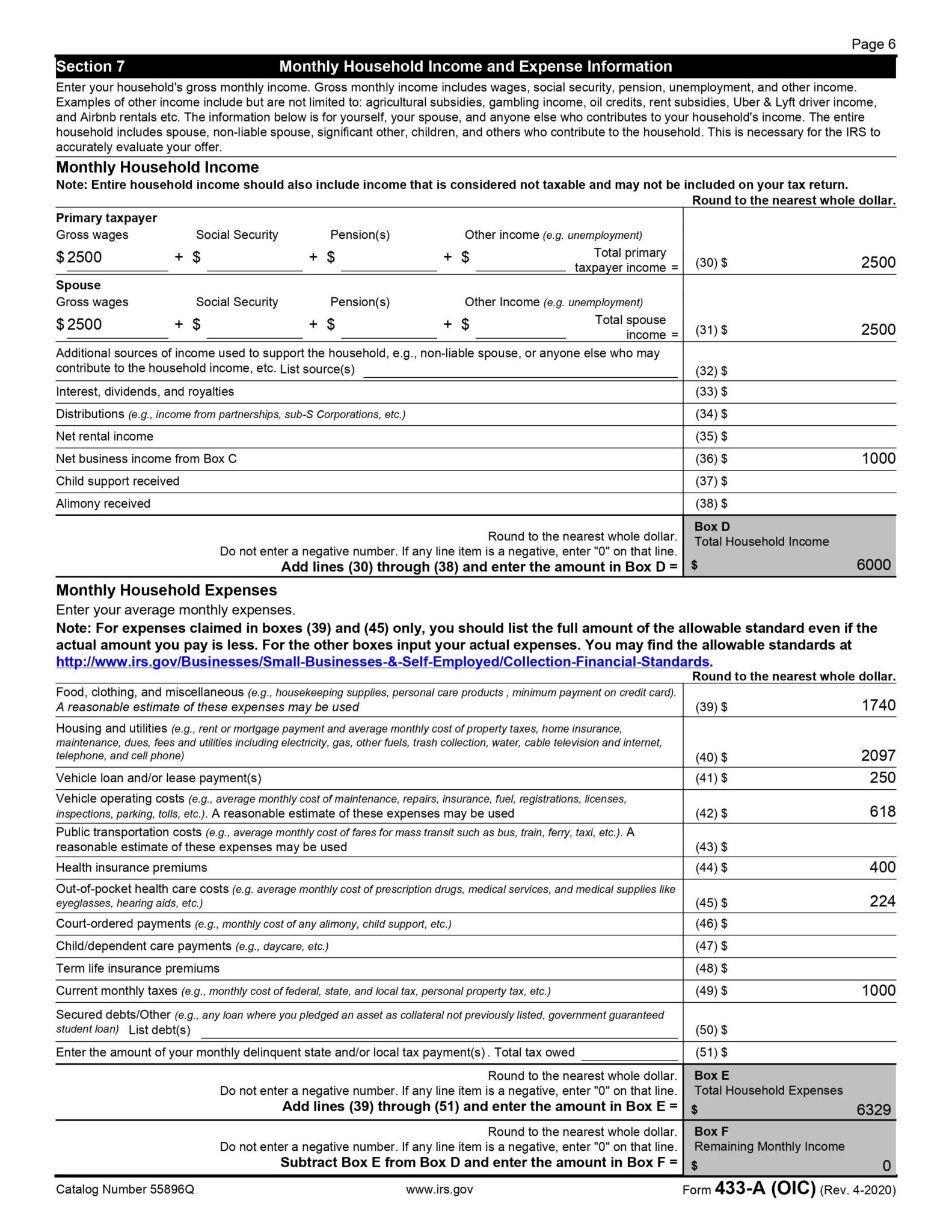 How To Fill Out Form 433 A Oic 19 Version Detailed Instructions From Irs 656 Booklet Tax Resolution Professionals A Nationwide Tax Law Firm 8 515 49