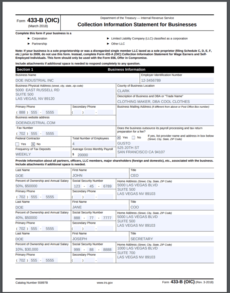 IRS Form 433-B (OIC) 2018 Version Instructions: Business Offer In ...