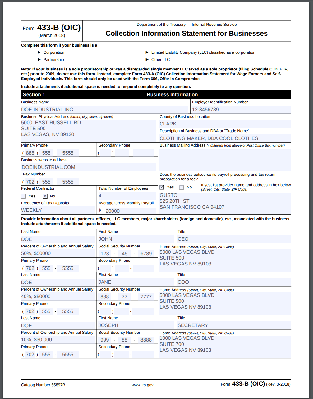 Irs Form 433 B Oic 18 Version Instructions Business Offer In Compromise