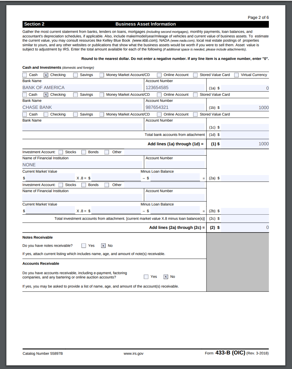 Irs Form 433 B Oic 18 Version Instructions Business Offer In Compromise