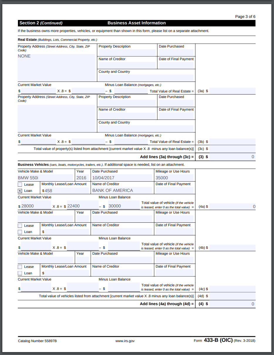 Irs Form 433 B Oic 2018 Version Instructions Business Offer In Compromise