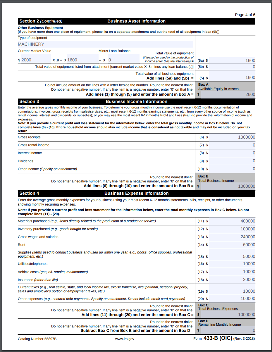 Irs Form 433 B Oic 18 Version Instructions Business Offer In Compromise