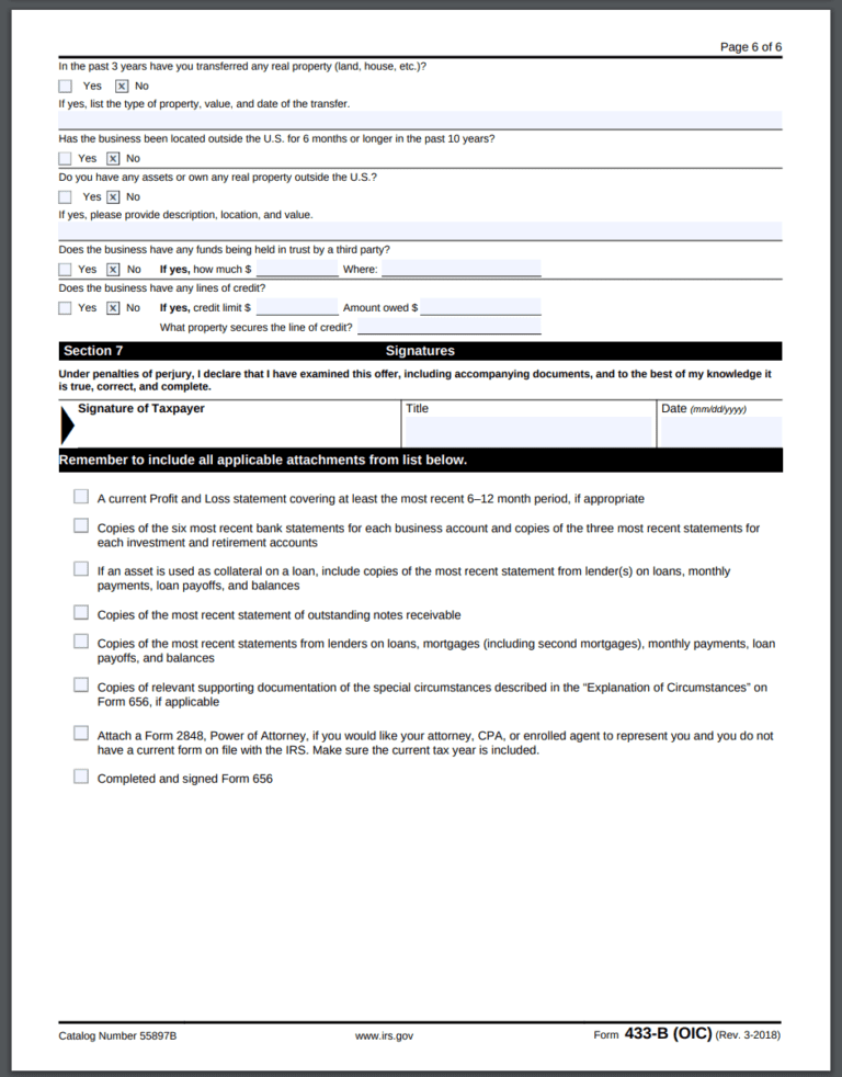 IRS Form 433-B (OIC) 2018 Version Instructions: Business Offer In ...