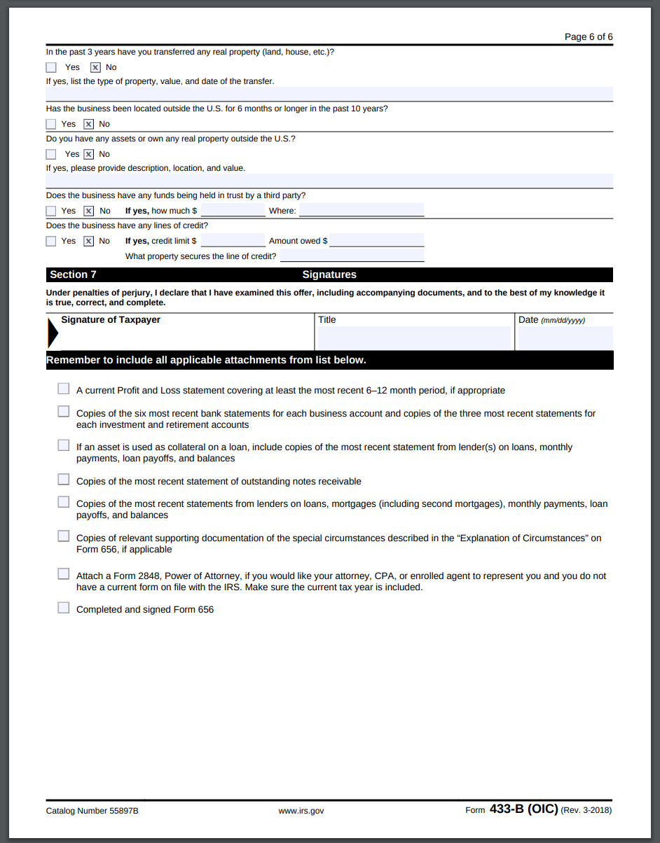 Irs Form 433 B Oic 18 Version Instructions Business Offer In Compromise