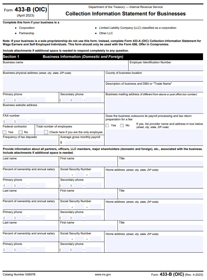 IRS Form 433-B 2022 Version Instructions: Business Offer In Compromise