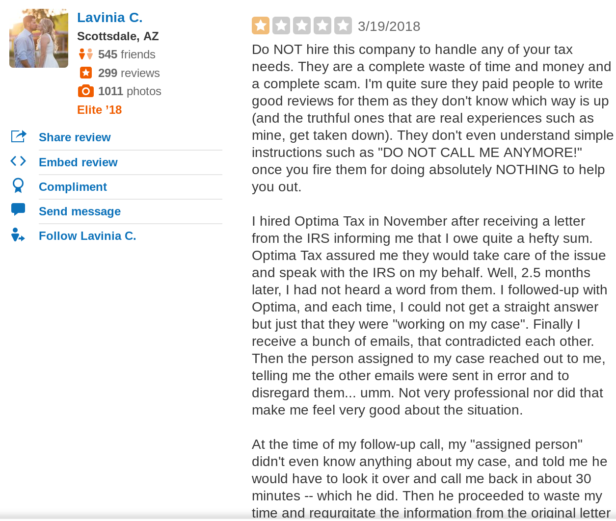 optima tax relief yelp complaint